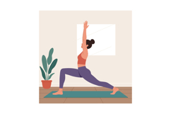 Woman doing warrior yoga pose in home interior with green pl Product Image 1