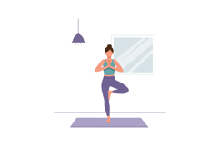 Woman practicing yoga tree pose indoors on purple mat with m Product Image 1