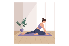 Woman practicing yoga pigeon pose indoors on purple mat with Product Image 1