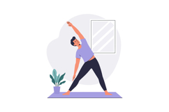 Man stretching exercise at home with purple shirt and black Product Image 1