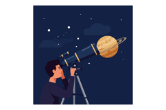 Man Observing Planet Through Telescope at Night with Stars a Product Image 1