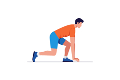 Man in orange shirt and blue shorts preparing to start runni Product Image 1