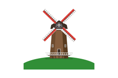 Traditional windmill on green hill with red and white sails Product Image 1