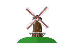 Traditional brown windmill with white and red sails on green Product Image 1