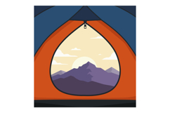 Mountain landscape viewed from inside orange camping tent du Product Image 1