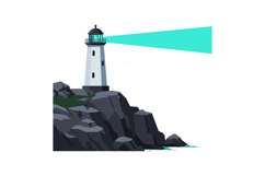 Lighthouse on rocky cliff with bright cyan beacon light vect Product Image 1