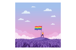 Person Holding Rainbow Pride Flag on Hill with Purple Trees Product Image 1