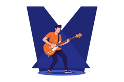 Male guitarist playing electric guitar on stage with blue sp Product Image 1