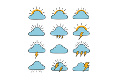 Weather icons with sun, clouds, and lightning bolts in simpl Product Image 1