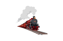 Vintage red steam locomotive train moving forward on railway Product Image 1