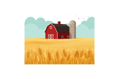 Red barn and silo with golden wheat field under blue sky vec Product Image 1