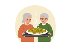 Elderly couple holding tray with steaming hot food illustrat Product Image 1
