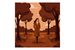 Woman walking in autumn park with brown trees and benches ve Product Image 1