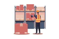 Warehouse worker scanning inventory boxes in storage shelves Product Image 1
