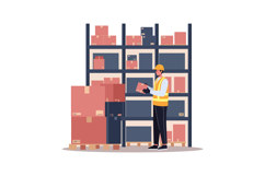 Warehouse worker checking inventory with boxes on shelves in Product Image 1