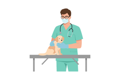Veterinarian examining puppy on medical table wearing mask a Product Image 1