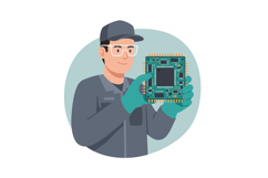 Technician holding electronic circuit board in grey uniform Product Image 1