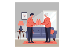 Elderly woman receiving gift from adult son in cozy living r Product Image 1