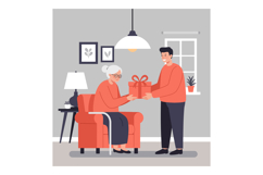 Grandson giving gift to grandmother in living room for speci Product Image 1