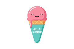 Cute smiling pink ice cream cone with hello summer text vect Product Image 1