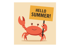 Red Crab Holding Hello Summer Sign Vector Illustration in Fl Product Image 1