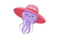 Cute purple jellyfish wearing pink summer hat with hello sum Product Image 1