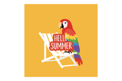 Colorful parrot sitting on white deck chair with hello summe Product Image 1