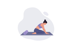Woman practicing yoga stretching pose on mat with rolled tow Product Image 1
