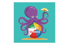 Purple octopus holding umbrella on colorful beach ball with Product Image 1