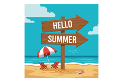 Summer beach scene with wooden signs and umbrella by ocean s Product Image 1