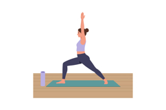 Woman practicing yoga warrior pose on mat with water bottle Product Image 1