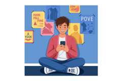 Young man sitting cross-legged using smartphone in casual ou Product Image 1