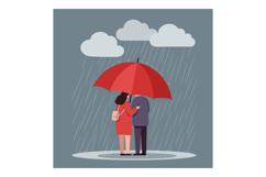 Couple standing under red umbrella in rainy weather with clo Product Image 1