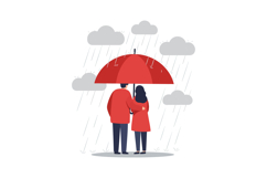 Couple standing under red umbrella in rain with grey clouds Product Image 1