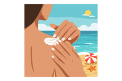 Woman applying sunscreen lotion on shoulder at sunny beach w Product Image 1