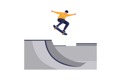 Skateboarder performing jump trick over half pipe ramp vecto Product Image 1