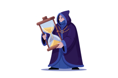 Hooded wizard character holding large hourglass magical time Product Image 1
