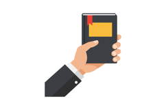 Hand holding a black book with a yellow label in a flat desi Product Image 1