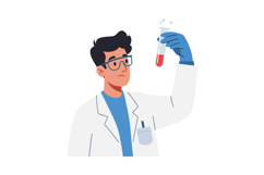 Scientist in white lab coat examining red liquid in test tub Product Image 1