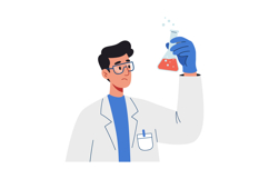 Scientist in a lab coat examining a flask with red liquid in Product Image 1