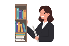 Smiling businesswoman organizing colorful books on a shelf i Product Image 1