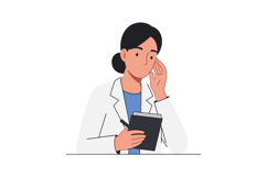 Professional woman in white lab coat pondering over notebook Product Image 1