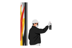 A graffiti artist in a black jacket spray painting a vibrant Product Image 1
