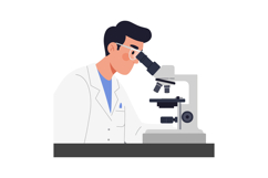 Scientist in a white lab coat examining samples through a mi Product Image 1