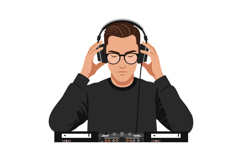 Young man wearing headphones focused on DJ mixer in minimal Product Image 1
