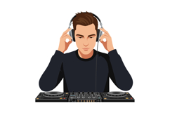 Young male DJ wearing headphones focused on mixing tracks at Product Image 1