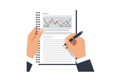 Hands holding a notepad and pen while analyzing data trends Product Image 1
