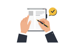 Hands holding a document while writing with a pen in flat ve Product Image 1