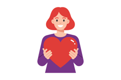 A cheerful woman holding a large red heart in a flat design Product Image 1