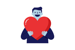 A cheerful man holding a large red heart in a minimal flat d Product Image 1